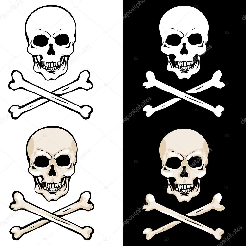 Vector skull and crossbones on white and black backgrounds
