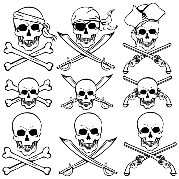 Conjunto vetorial de crânios de piratas —  Vetores de Stock