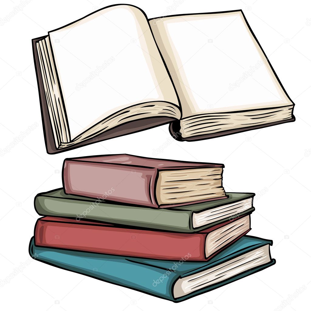 Vector illustrations: blank open book and stack of books