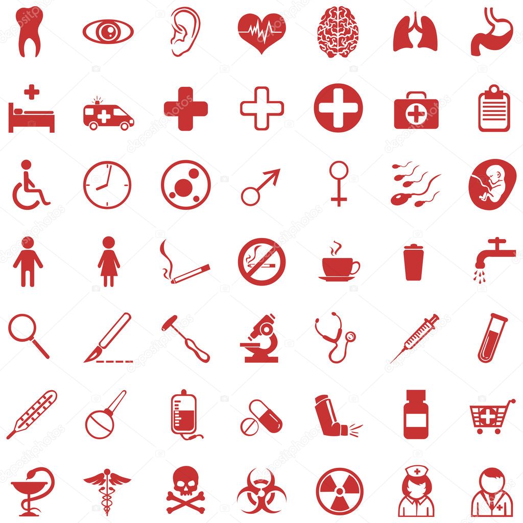 Vector set of 49 red medical icons
