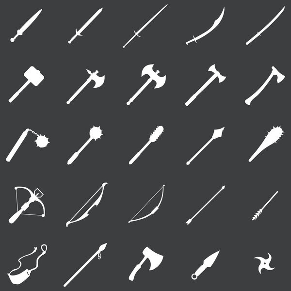 Vector set of 25 white medieval weapon icons