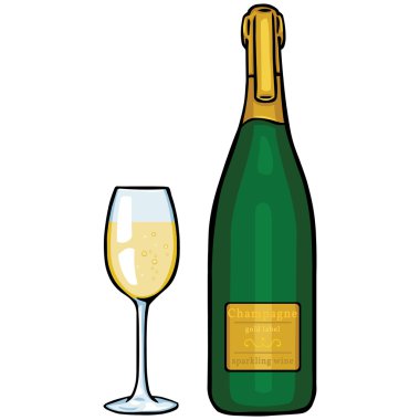 Çizgi film illüstrasyon vektör: cam ve şişe şampanya