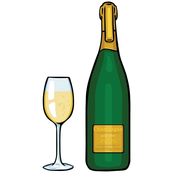 Vector cartoon illustration: glass and bottle of champagne — Stock Vector