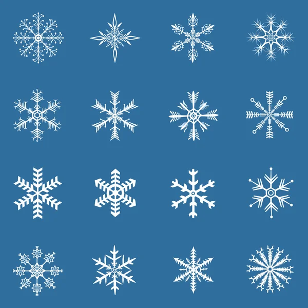 Vector set of 16 white snowflakes — Stock Vector