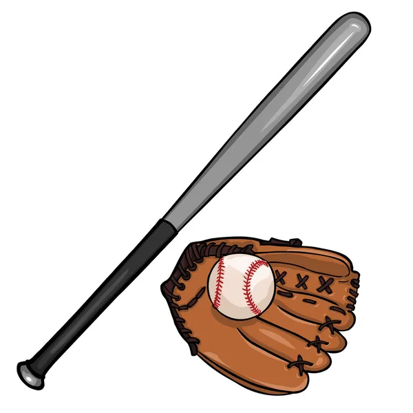 Vector cartoon illustraition: honkbalknuppel, bal en handschoen — Stockvector