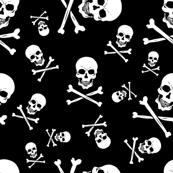 Vector seamless pattern with skulls and bones on black background — Stock Vector