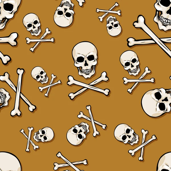 Vector seamless pattern with skulls and bones on brown background — Stock Vector