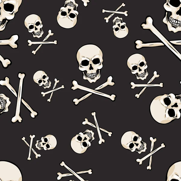 Vector seamless pattern with skulls and bones on dark background — Stock Vector