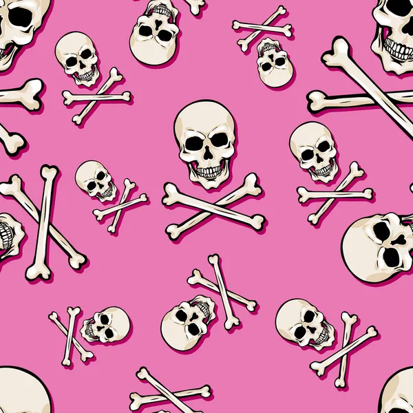 Vektor nahtloses Muster mit Totenköpfen und Knochen auf rosa Hintergrund — Stockvektor