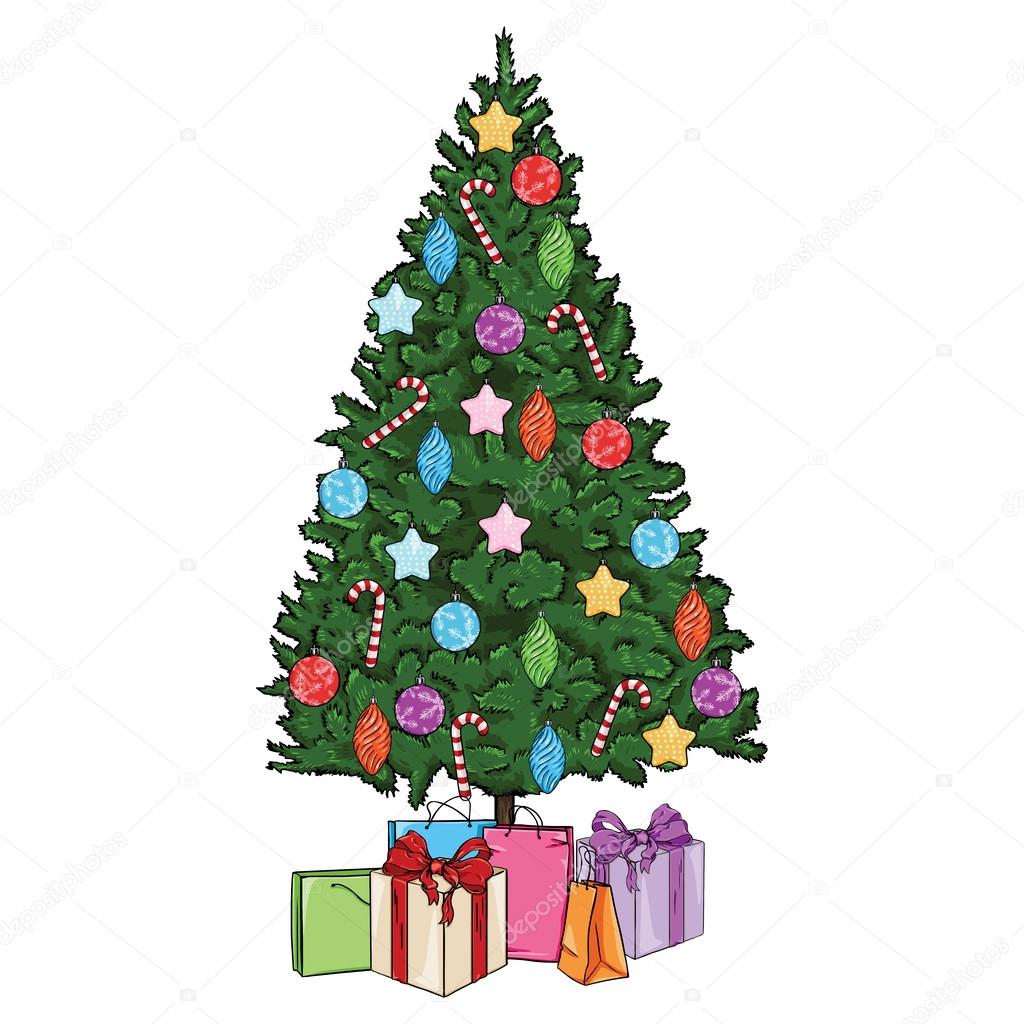 Vettore cartoon albero di Natale con addobbi e regali — Vettoriale Stock