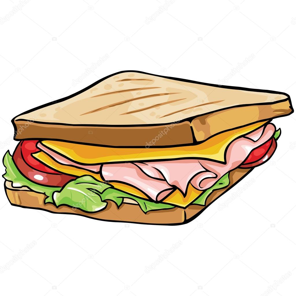Vector cartoon sandwich with ham and vegetables