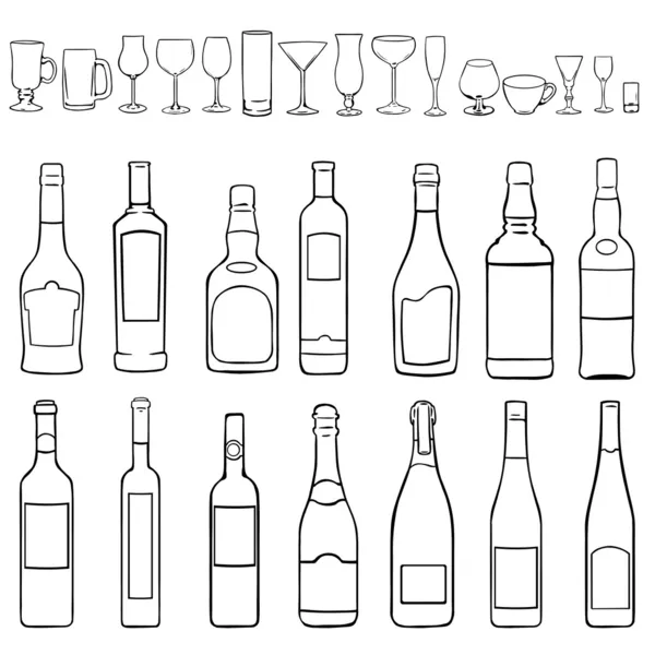 Vektor Line Art Set - Flaschen und Stemware — Stockvektor