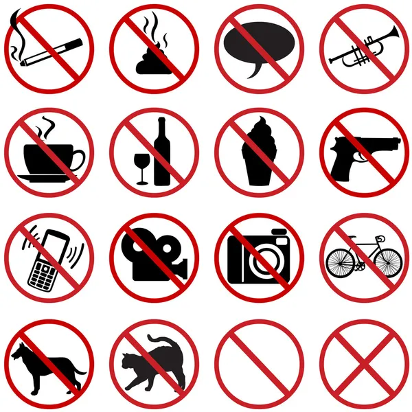 Vector icons set - 16 flat prohibition signs — Stock Vector