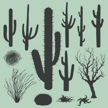Vector set of Silhouettes of cacti and other desert plants clipart