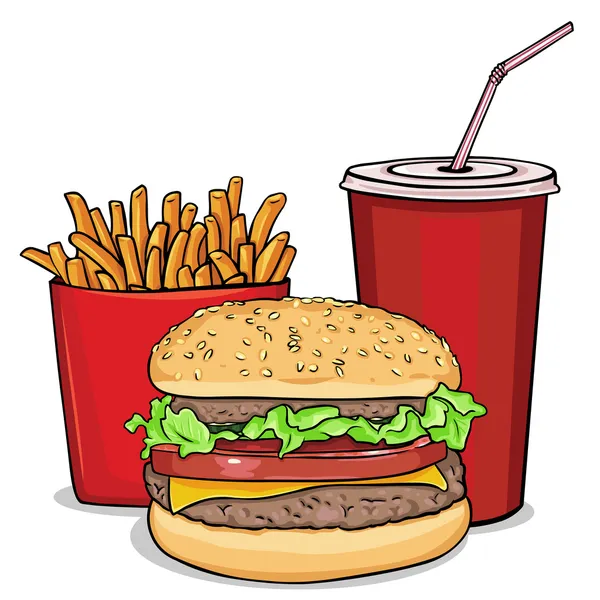Combo de comida rápida de dibujos animados vectoriales - hamburguesa, papas fritas, refrescos — Vector de stock