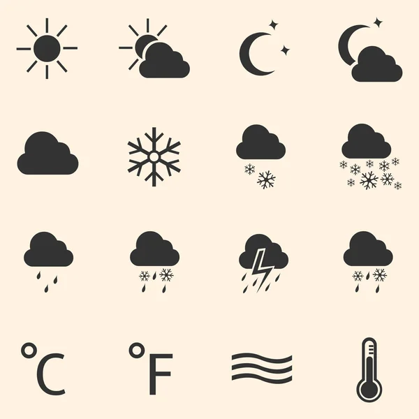 Vector set of 16 black weather icons — Stock Vector