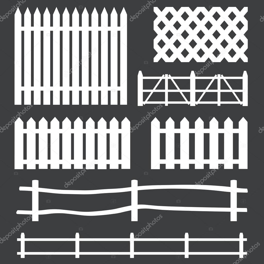 Vector set of white rural fences silhouettes