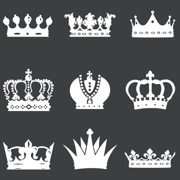 Vector set of 9 white crown icons — Stock Vector