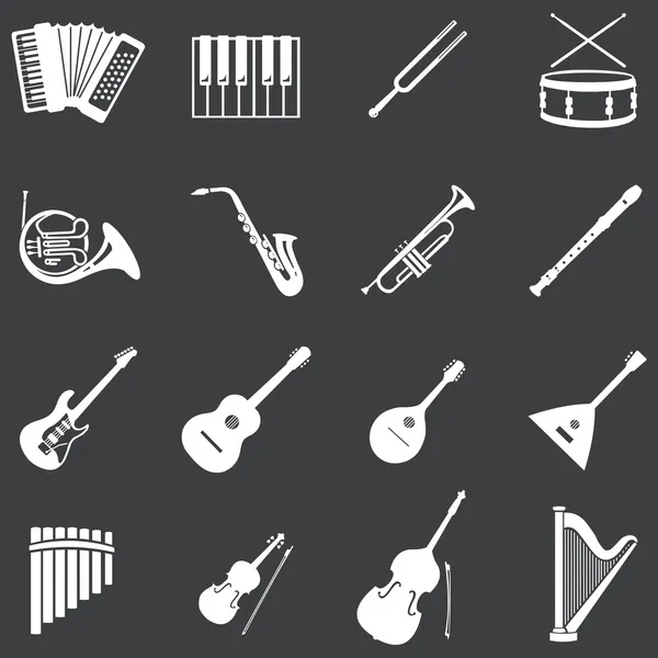 Conjunto vectorial de 16 iconos de instrumentos musicales blancos — Vector de stock