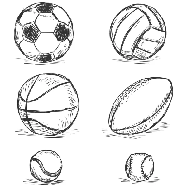 Ilustração do esboço vetorial - bolas de esporte: futebol, vôlei, basquete, rugby, tênis, beisebol — Vetor de Stock