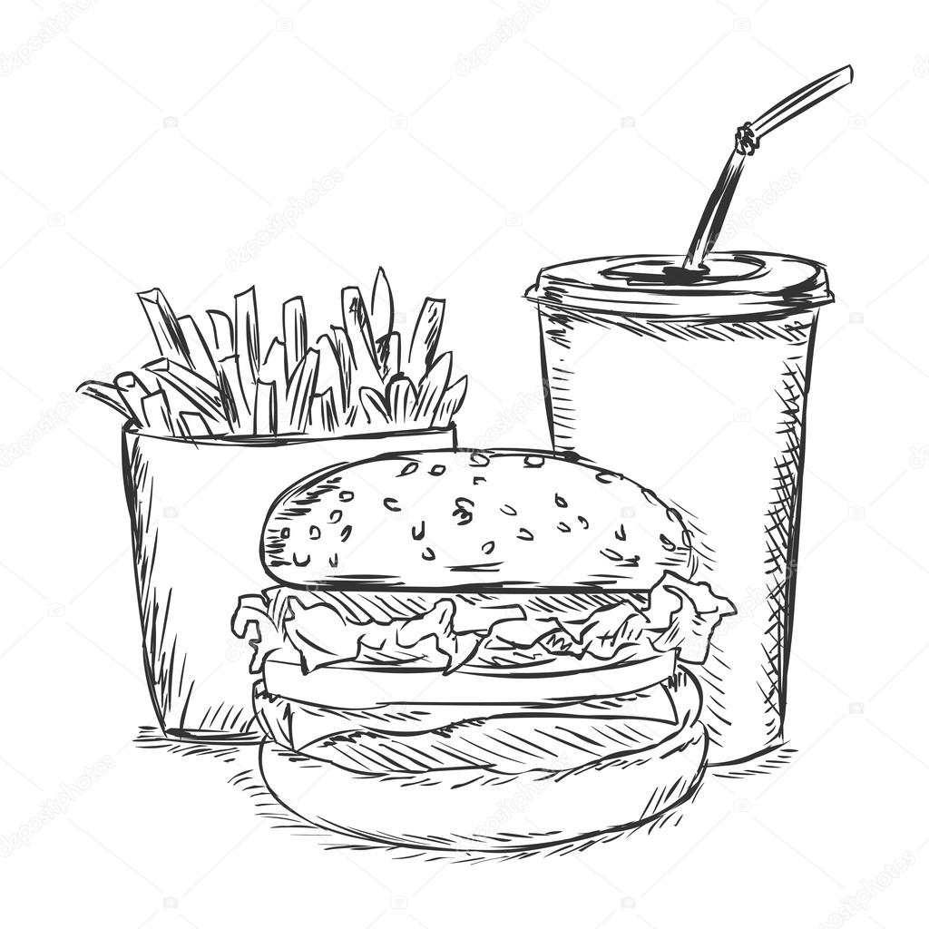 Vector sketch illustration - fast food: french fries, soda, burger