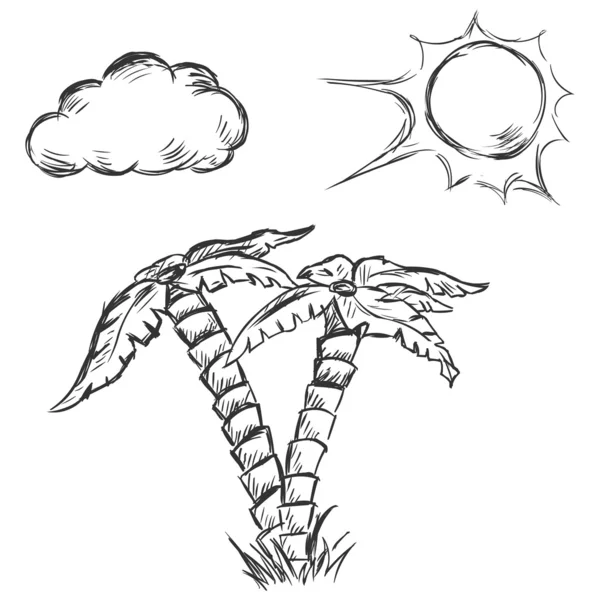Ilustración de bosquejos vectoriales: dos palmeras, sol y nubes — Vector de stock