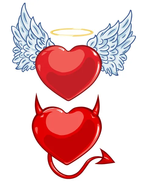 Vetor desenho animado mal e anjos corações — Vetor de Stock