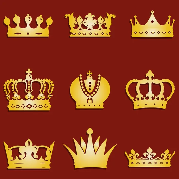 Conjunto vectorial de 9 iconos de corona de oro — Vector de stock