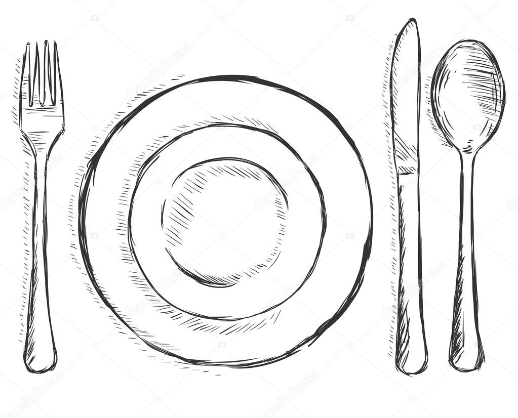 Vector sketch illustration - cutlery: fork, plate, knife, spoon