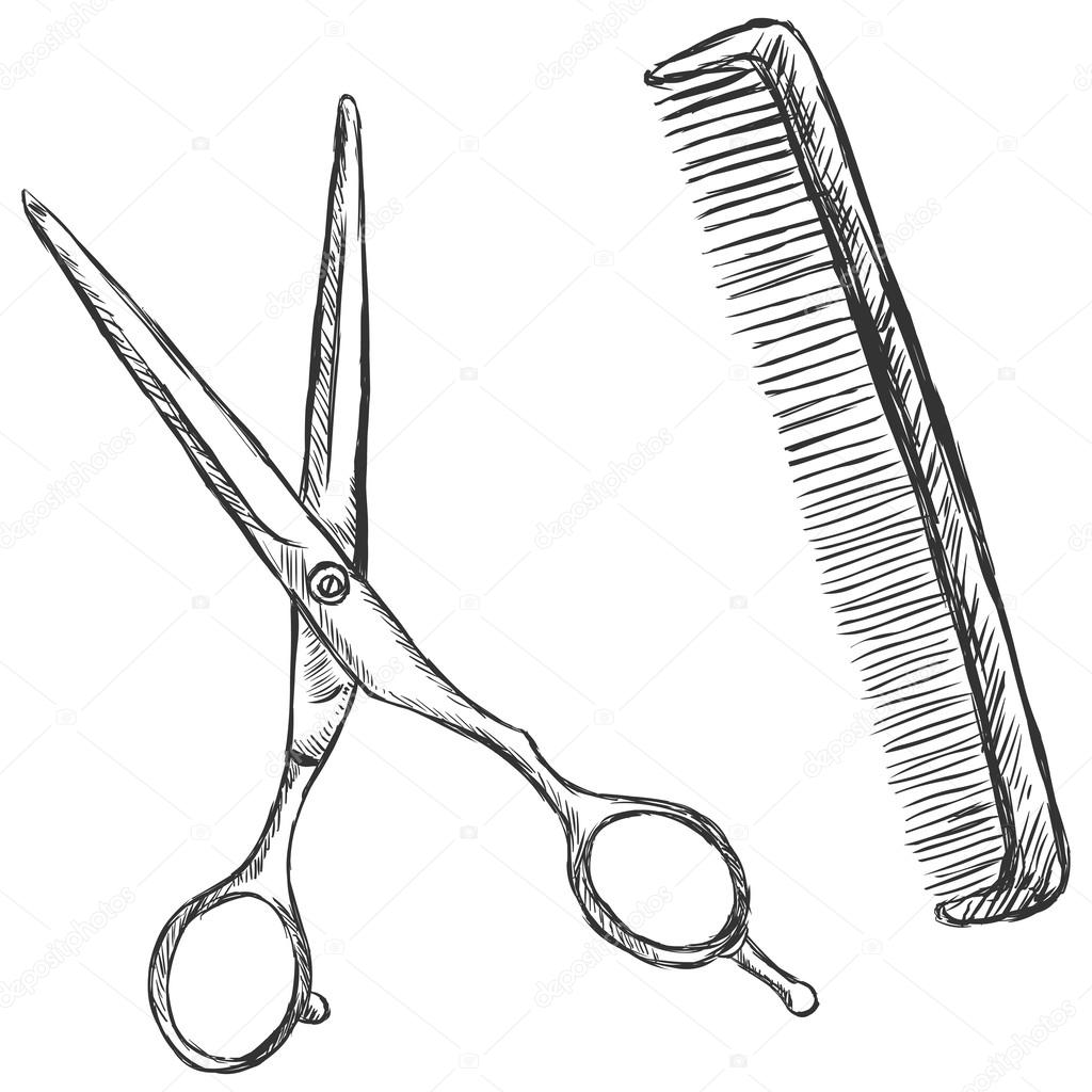 Vector sketch illustration - scissors and comb