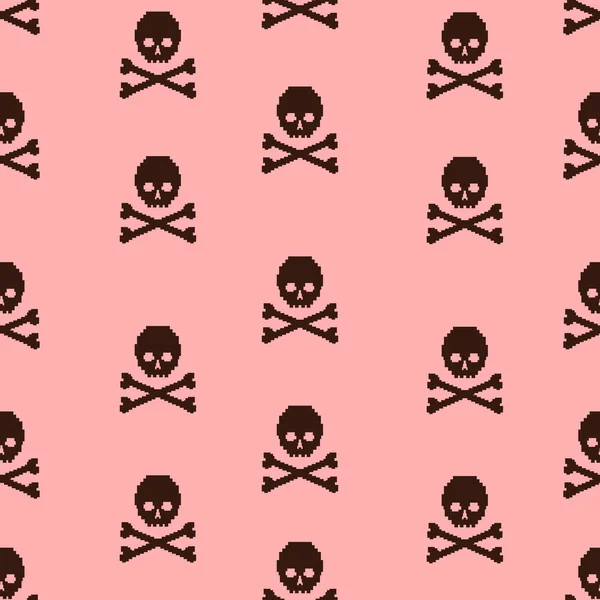 Vector seamless pattern with pixel skulls and bones — Stock Vector