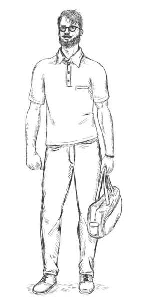 Διάνυσμα σκίτσο χαρακτήρα - hipster γενειοφόρος άνδρας σε ποτήρια με μια σακούλα στο χέρι του — Διανυσματικό Αρχείο