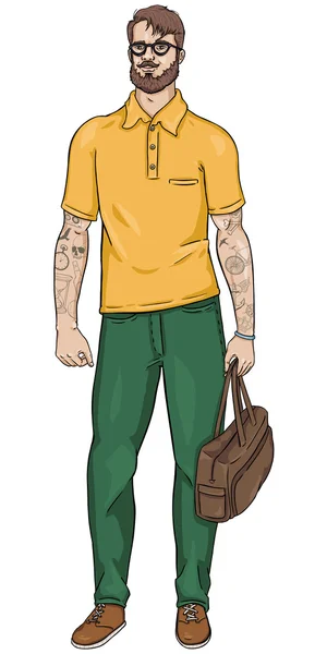 Personnage de dessin animé vectoriel - homme barbu hipster dans des lunettes avec un sac à la main — Image vectorielle