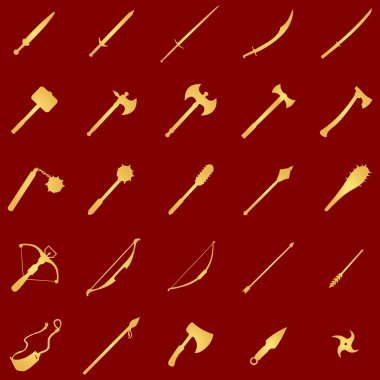 Vector set of 25 gold medieval weapon icons clipart
