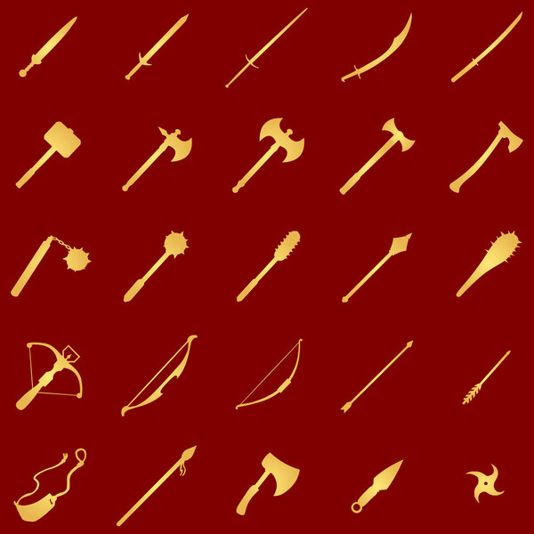Vector set of 25 gold medieval weapon icons