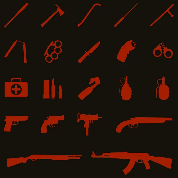 Iconos de armas vectoriales: bate de béisbol, hacha, palanca, bastón telescópico, nunchaku, nudillos de latón, cuchillo, pistola eléctrica, esposas, kit de primeros auxilios, munición, granada, pistola, revólver, Ingram, escopeta, AK-47 — Archivo Imágenes Vectoriales