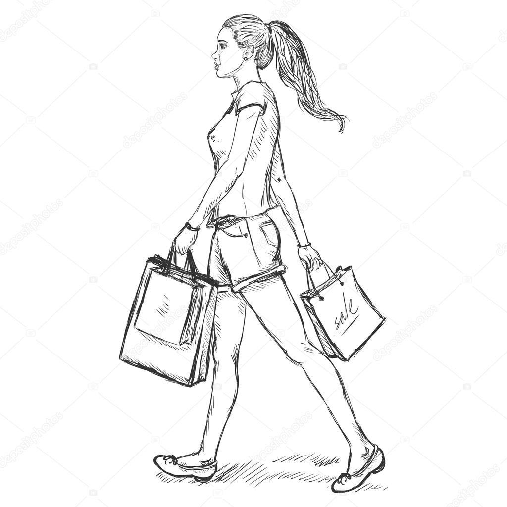 Vector Sketch Brunette Girl Goes And Is In The Hands Of Shopping Bags