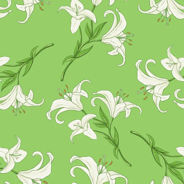 Patrón sin costura vectorial de Lily sobre fondo verde — Archivo Imágenes Vectoriales