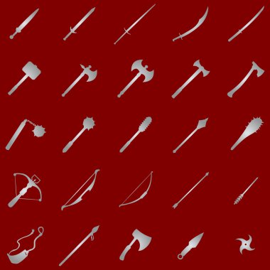 Vector set of 25  silver medieval weapon icons clipart
