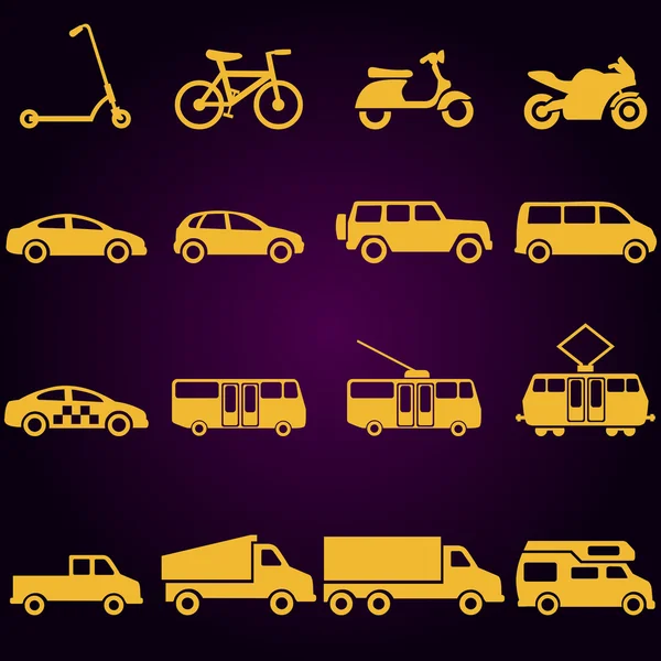 Conjunto de vectores de 16 iconos amarillos de transporte terrestre — Vector de stock