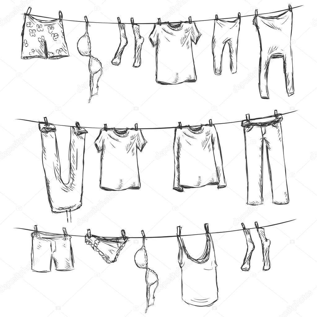 Vector: ropa dibujo | dibujo vectorial de ropa en una cuerda — Vector