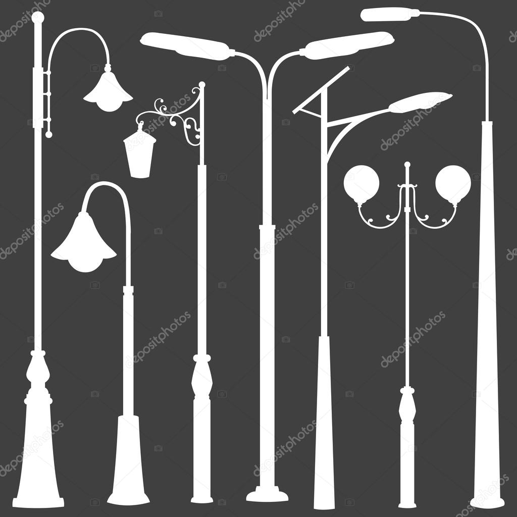 Vector Set of White Street Lights Silhouettes
