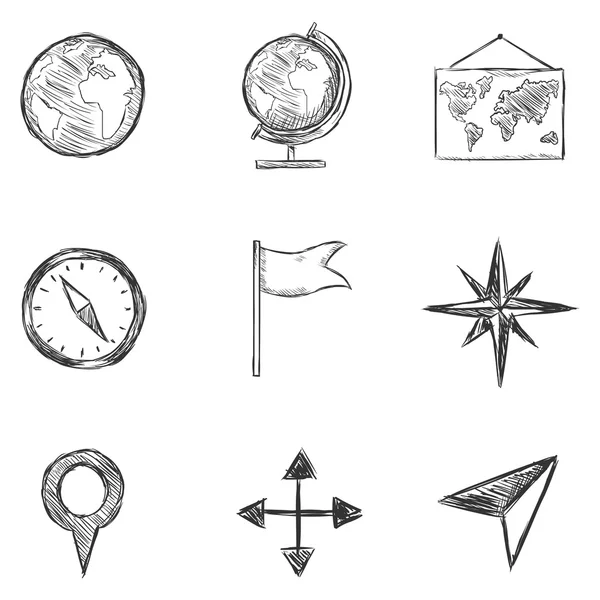 Geographie und Navigationssymbole skizzieren — Stockvektor