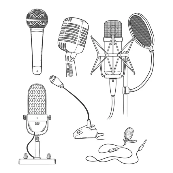 Vector Sketch Conjunto Ilustrações Microfone Diferentes Tipos Estúdio Palco Conferência — Vetor de Stock