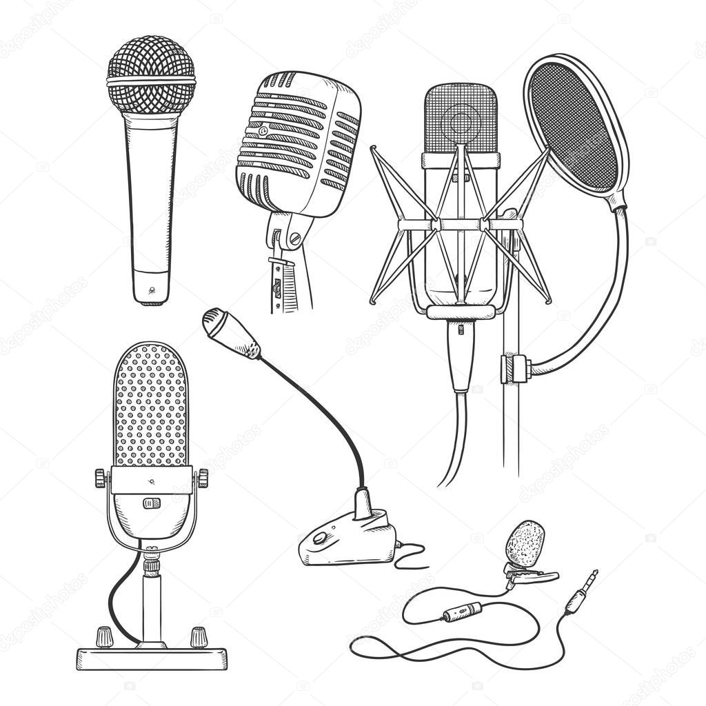 Vector Sketch Set of Microphone Illustrations. Different Types for Studio, Stage, Conference and other.