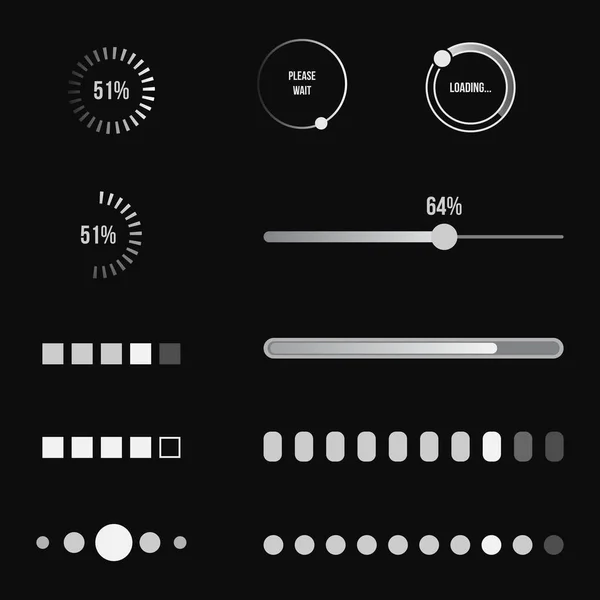 Vector Set White Loading Icons Black Background Load Bars Circles — Stock Vector