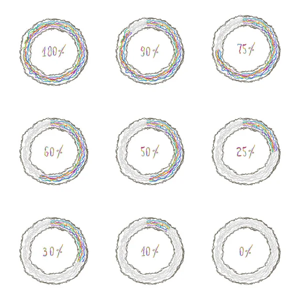 Vektor Uppsättning Handritade Cirkel Laddar Ikonen Från Till 100 Procent — Stock vektor
