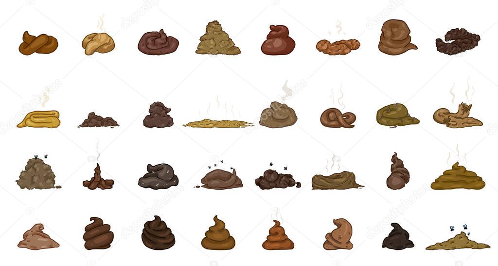 Cartoon Shit. Big Vector Set of Poop Piles Illustrations