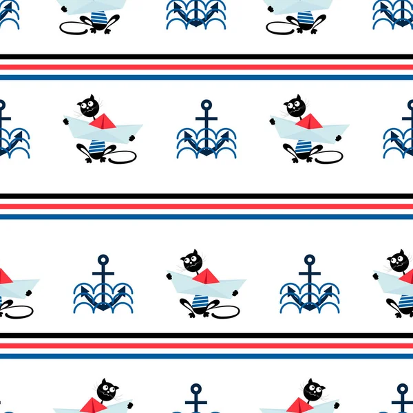 海を背景に 猫の船員 アンカー付きの紙のボート シームレスな縞模様 紙のボートと子供の織物のための猫と海洋図面のデザイン ベクターイラスト — ストックベクタ