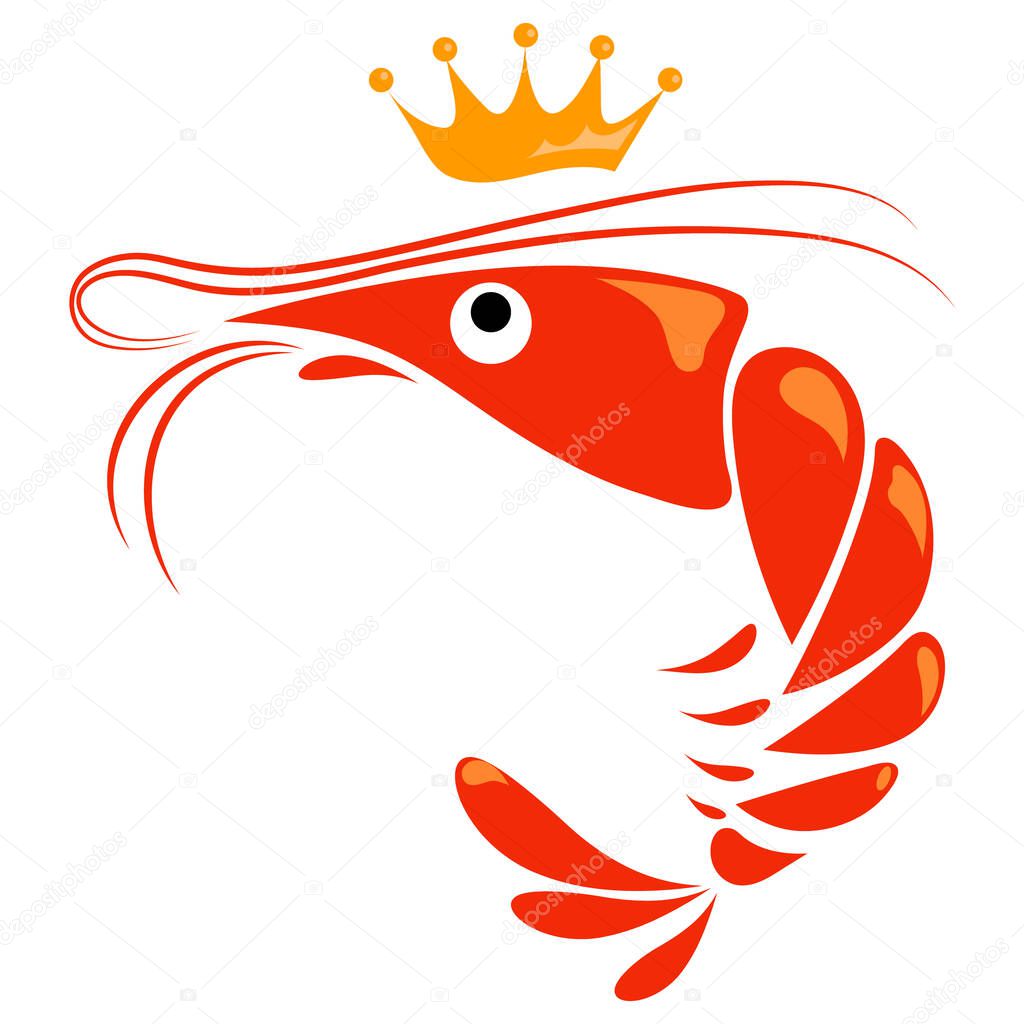 Royal shrimp and crown. Vector illustration isolated on a white background.